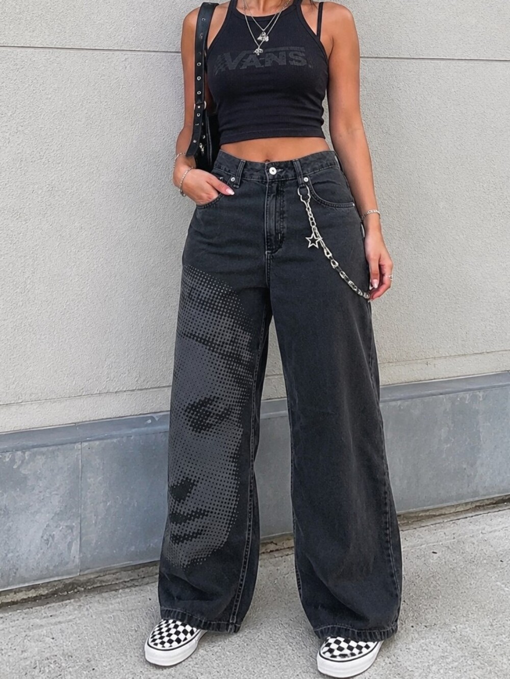 Vans Sirelle Black Graphic Baggy Jeans Size 29 Y2K Wide Leg Streetwear NWT